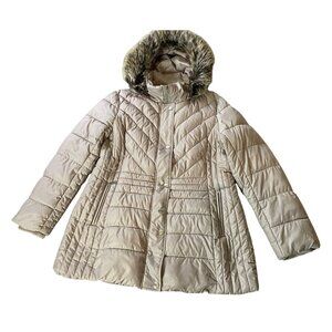 Liz Claiborne Beige Quilted Midi Puffer Coat Removable Faux Fur Hood XL